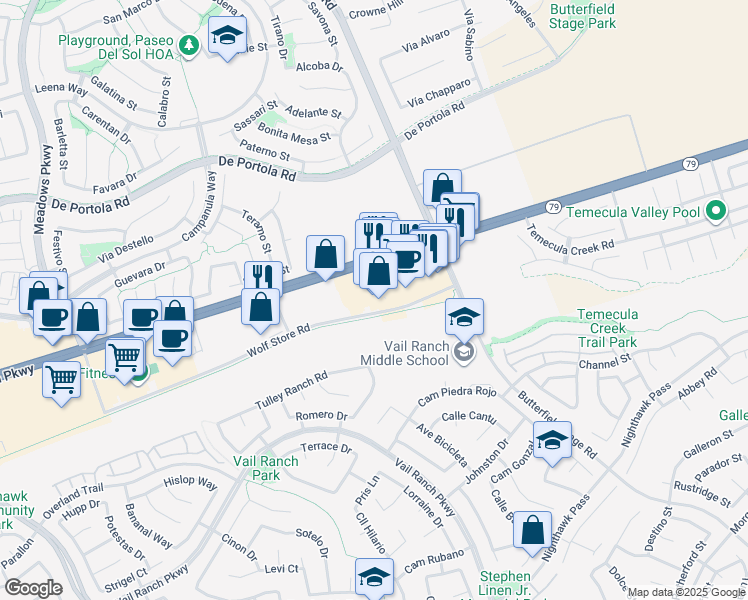 map of restaurants, bars, coffee shops, grocery stores, and more near 32937 California 79 in Temecula