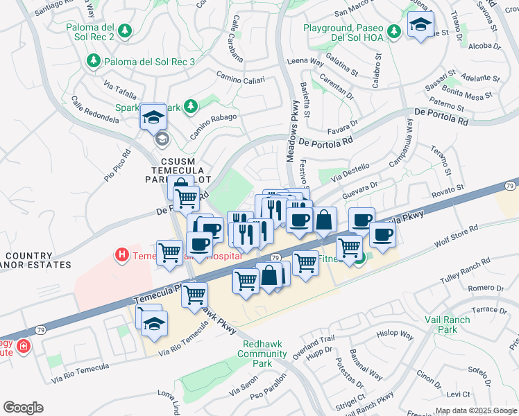 map of restaurants, bars, coffee shops, grocery stores, and more near 32051 Campanula Way in Temecula