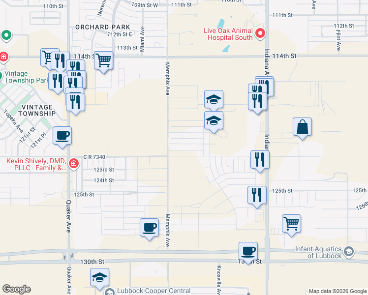 map of restaurants, bars, coffee shops, grocery stores, and more near Kenosha Avenue in Lubbock