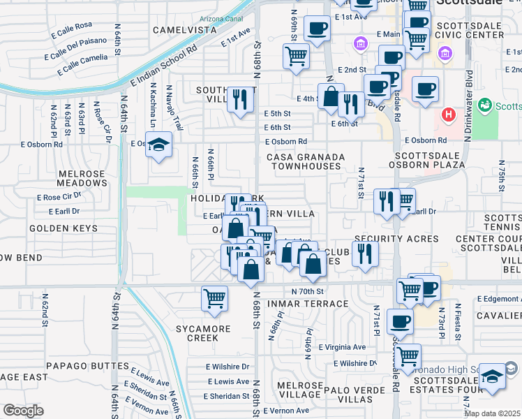 map of restaurants, bars, coffee shops, grocery stores, and more near 6801 East Cheery Lynn Road in Scottsdale