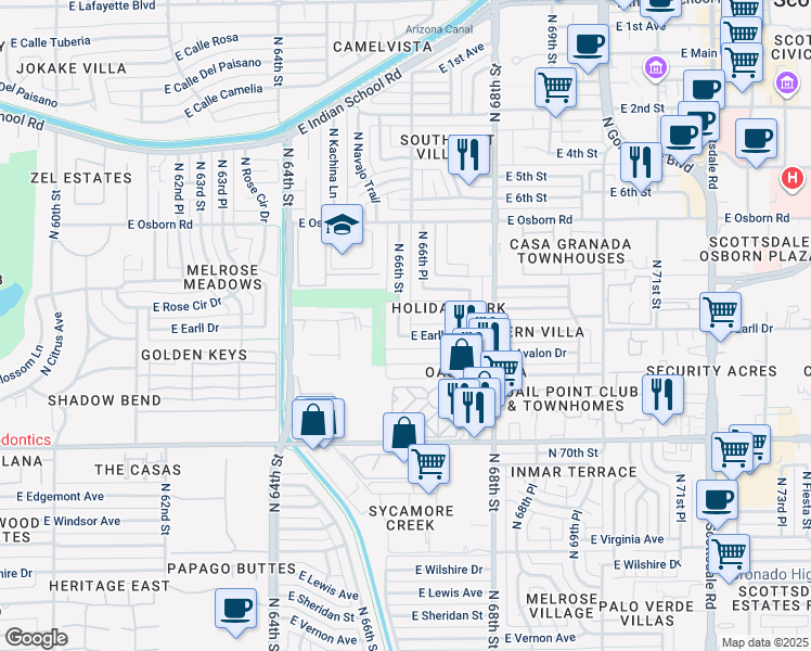 map of restaurants, bars, coffee shops, grocery stores, and more near 3138 North 66th Street in Scottsdale