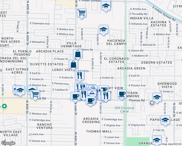 map of restaurants, bars, coffee shops, grocery stores, and more near 3101 North 45th Street in Phoenix