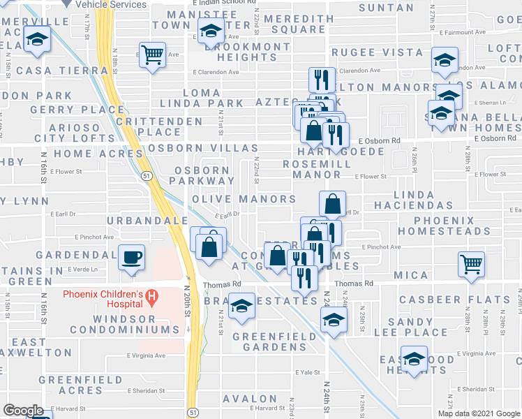 map of restaurants, bars, coffee shops, grocery stores, and more near 3110 North 22nd Street in Phoenix