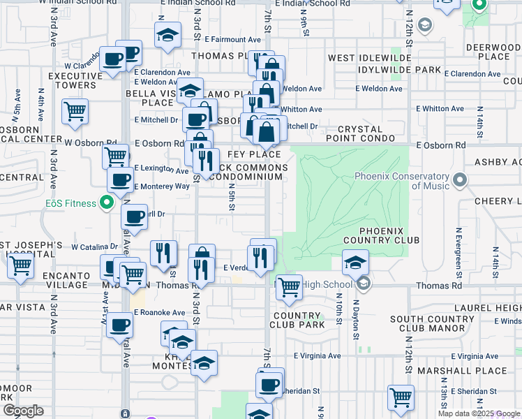 map of restaurants, bars, coffee shops, grocery stores, and more near in Phoenix