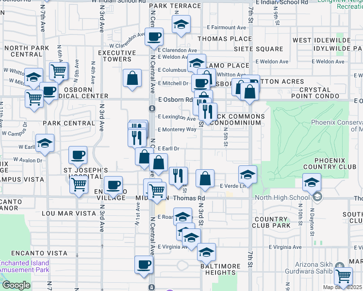 map of restaurants, bars, coffee shops, grocery stores, and more near 202 East Earll Drive in Phoenix
