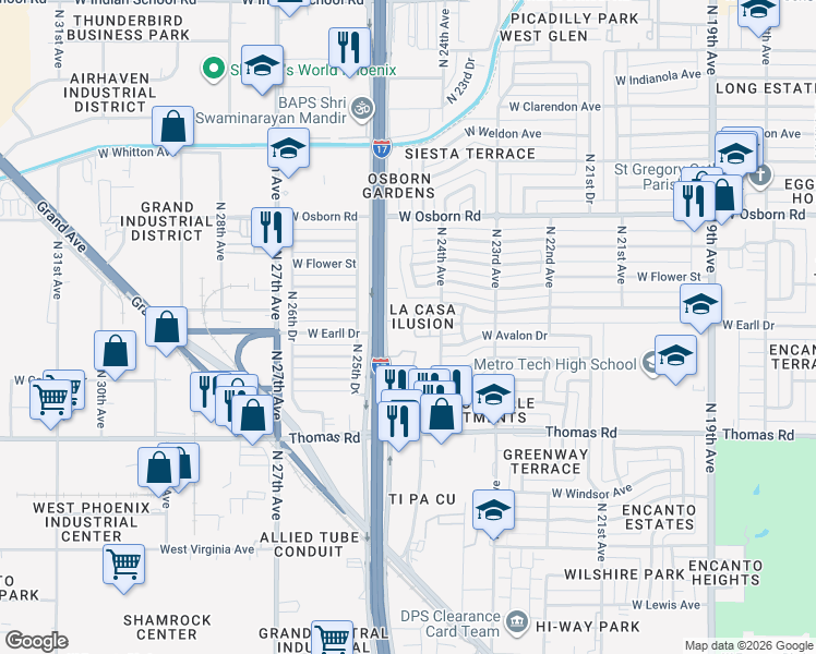 map of restaurants, bars, coffee shops, grocery stores, and more near 3049 North 24th Lane in Phoenix