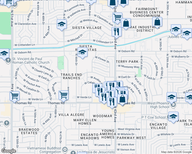 map of restaurants, bars, coffee shops, grocery stores, and more near 4437 West Earll Drive in Phoenix