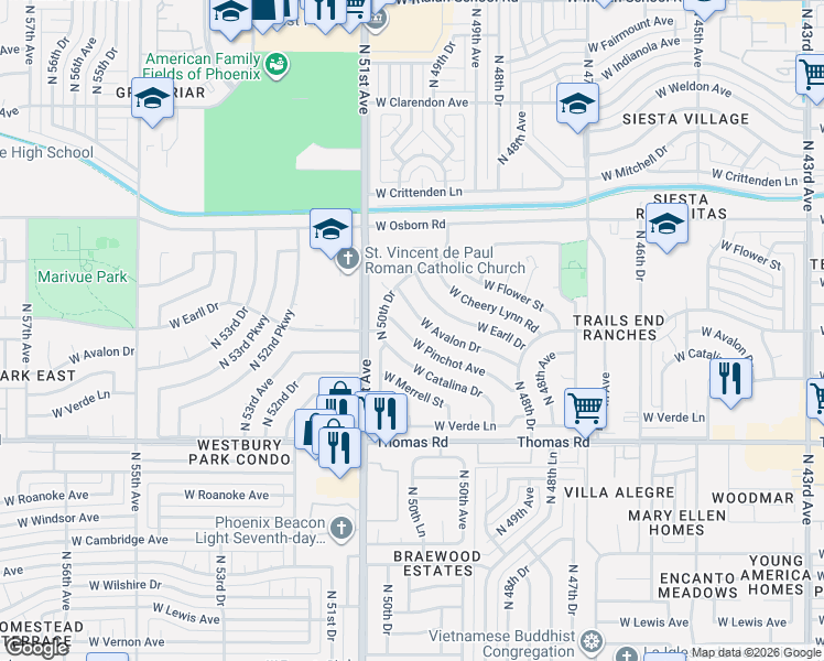 map of restaurants, bars, coffee shops, grocery stores, and more near 5007 West Avalon Drive in Phoenix