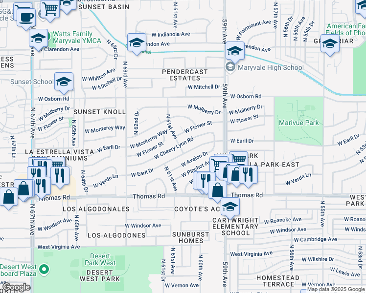 map of restaurants, bars, coffee shops, grocery stores, and more near 6037 West Cheery Lynn Road in Phoenix