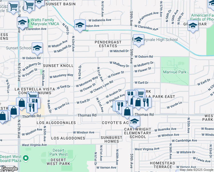 map of restaurants, bars, coffee shops, grocery stores, and more near 6037 West Cheery Lynn Road in Phoenix