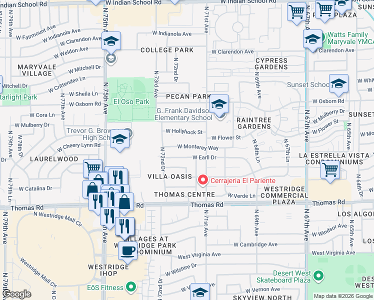map of restaurants, bars, coffee shops, grocery stores, and more near 7132 West Monterey Way in Phoenix