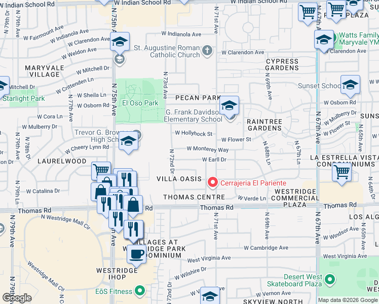 map of restaurants, bars, coffee shops, grocery stores, and more near 7132 West Monterey Way in Phoenix