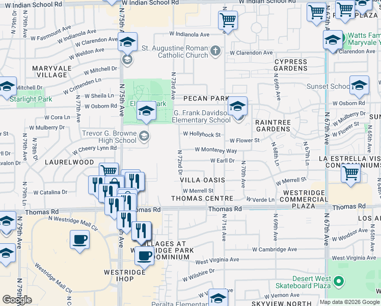 map of restaurants, bars, coffee shops, grocery stores, and more near 7212 West Monterey Way in Phoenix