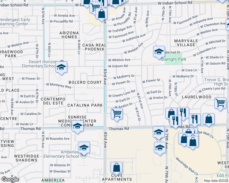 map of restaurants, bars, coffee shops, grocery stores, and more near 8202 West Monterey Way in Phoenix