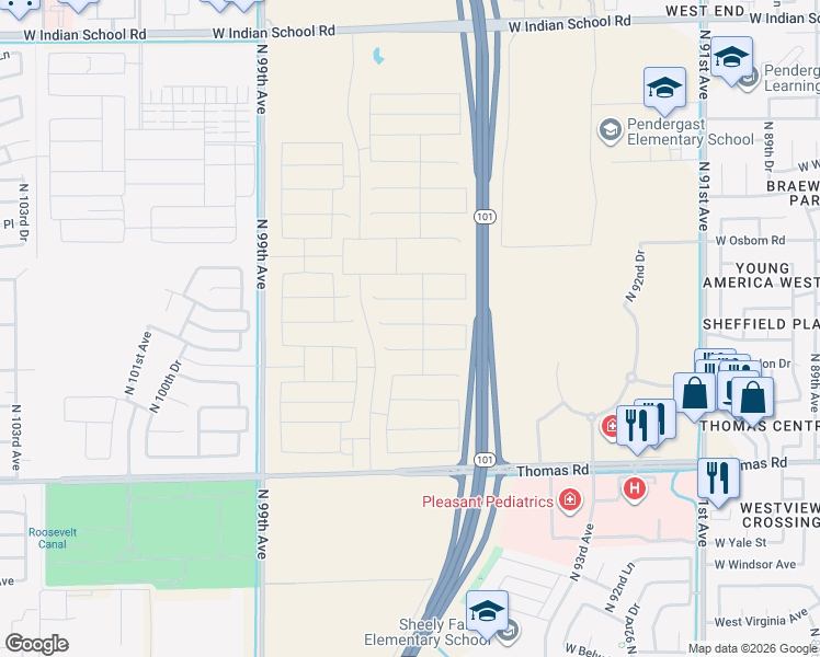 map of restaurants, bars, coffee shops, grocery stores, and more near West Thomas Road in Phoenix