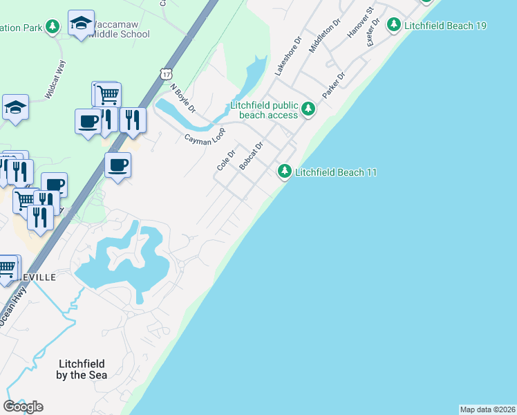 map of restaurants, bars, coffee shops, grocery stores, and more near 198 Parker Drive in Pawleys Island