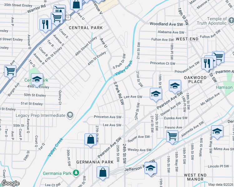 map of restaurants, bars, coffee shops, grocery stores, and more near 220 South Park Road Southwest in Birmingham