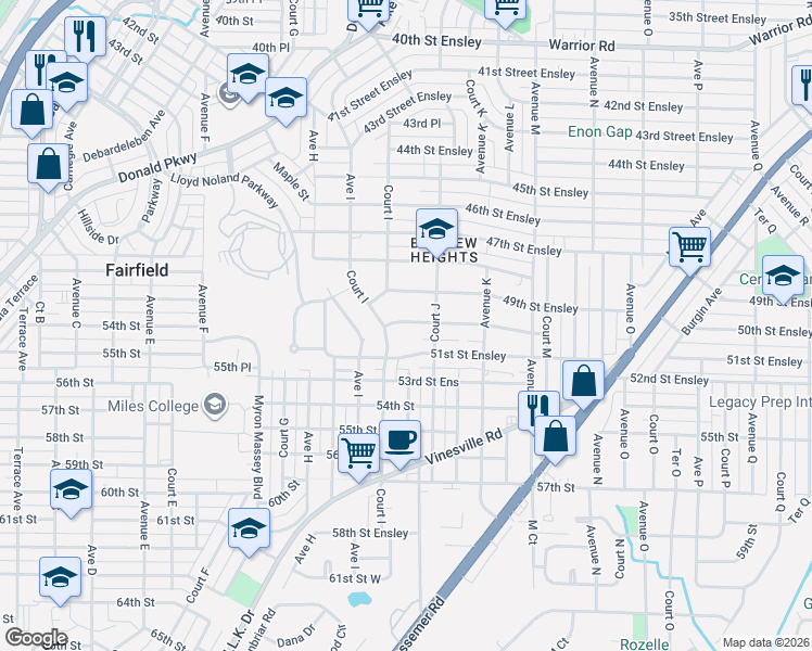 map of restaurants, bars, coffee shops, grocery stores, and more near 1024 50th Street Ensley in Birmingham