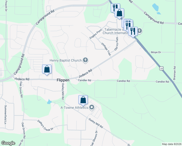 map of restaurants, bars, coffee shops, grocery stores, and more near 4035 Jodeco Road in McDonough