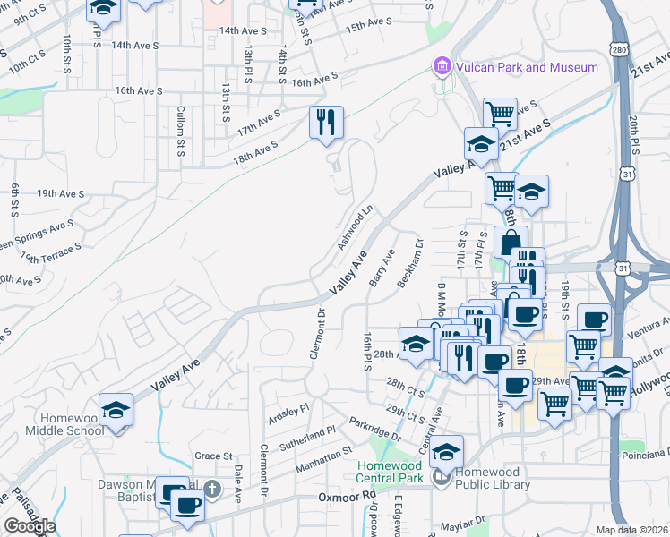map of restaurants, bars, coffee shops, grocery stores, and more near 1643 Ashwood Lane in Homewood
