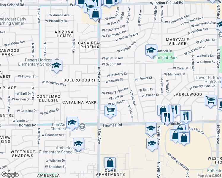 map of restaurants, bars, coffee shops, grocery stores, and more near 8202 West Monterey Way in Phoenix