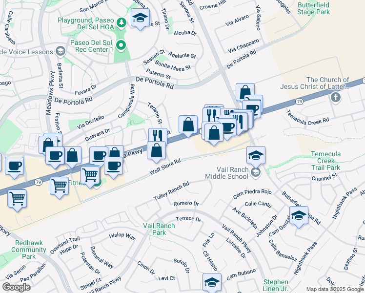 map of restaurants, bars, coffee shops, grocery stores, and more near 32823 California 79 in Temecula