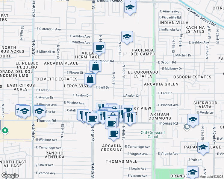 map of restaurants, bars, coffee shops, grocery stores, and more near 3101 North 45th Street in Phoenix