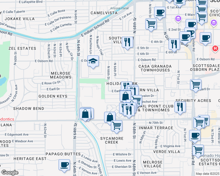 map of restaurants, bars, coffee shops, grocery stores, and more near 3138 North 66th Street in Scottsdale