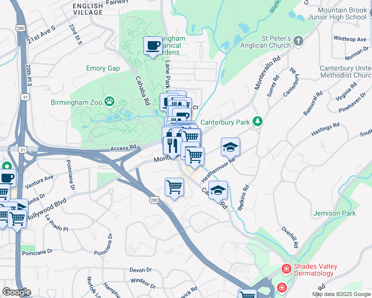 map of restaurants, bars, coffee shops, grocery stores, and more near 2714 Culver Road in Birmingham