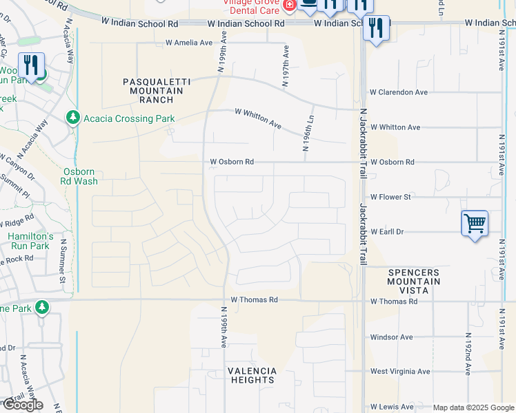 map of restaurants, bars, coffee shops, grocery stores, and more near 19807 West Flower Street in Buckeye