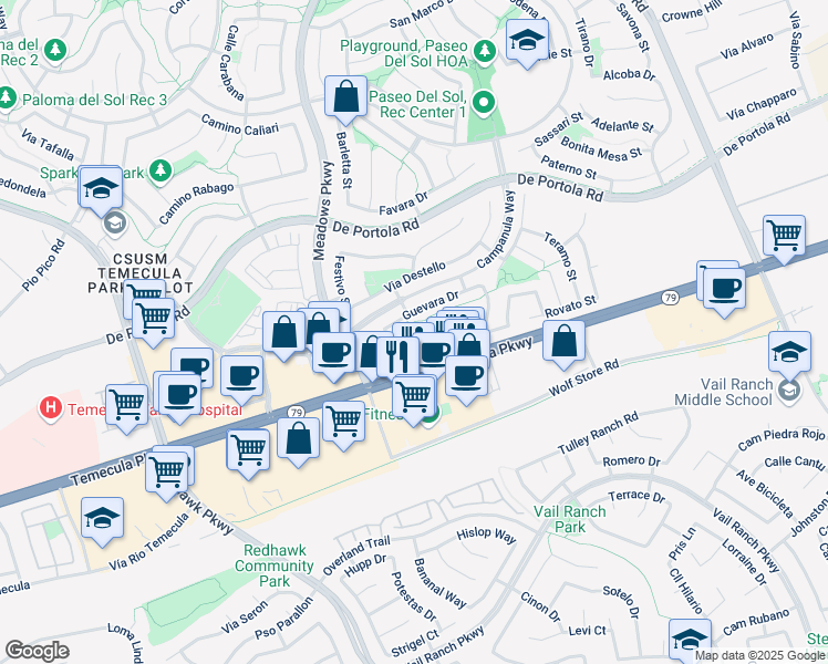 map of restaurants, bars, coffee shops, grocery stores, and more near 43144 Jamara Court in Temecula