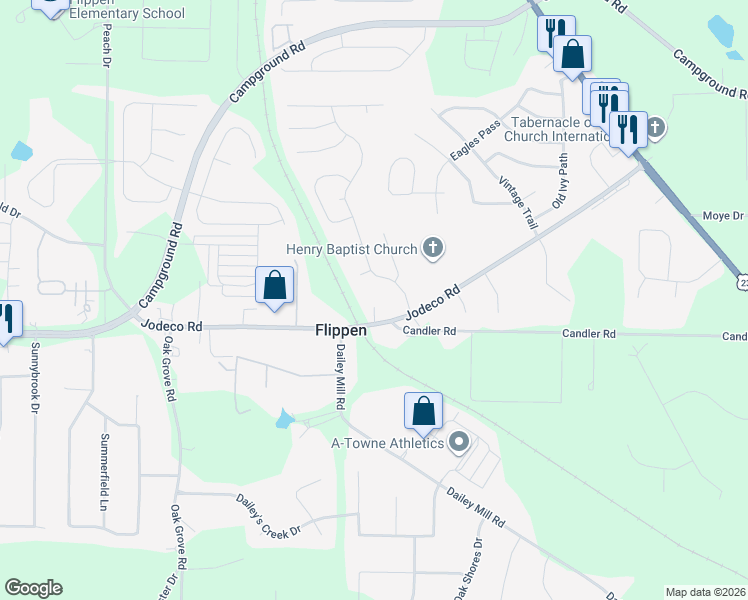 map of restaurants, bars, coffee shops, grocery stores, and more near 95 Greenland Drive in McDonough