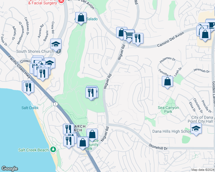 map of restaurants, bars, coffee shops, grocery stores, and more near 11 Wimbledon Court in Dana Point