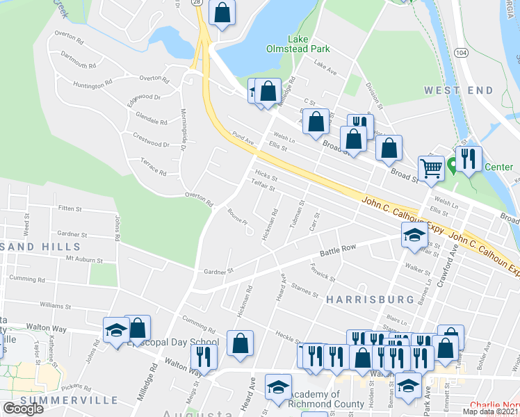 map of restaurants, bars, coffee shops, grocery stores, and more near 510 Beaufort Drive in Augusta
