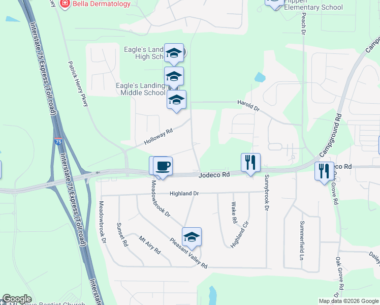 map of restaurants, bars, coffee shops, grocery stores, and more near 800 Meadowbrook Drive in McDonough