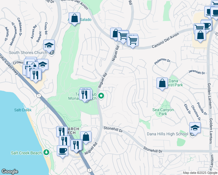 map of restaurants, bars, coffee shops, grocery stores, and more near 29 Wightman Court in Dana Point