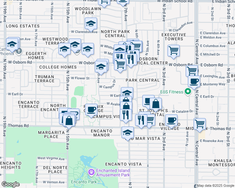 map of restaurants, bars, coffee shops, grocery stores, and more near 808 West Earll Drive in Phoenix