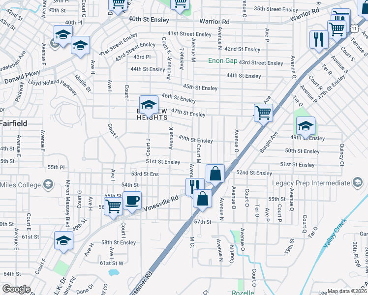 map of restaurants, bars, coffee shops, grocery stores, and more near 1133 49th Street Ensley in Birmingham