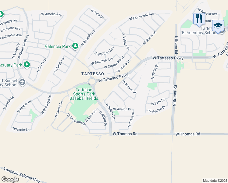 map of restaurants, bars, coffee shops, grocery stores, and more near 30832 West Earll Drive in Buckeye