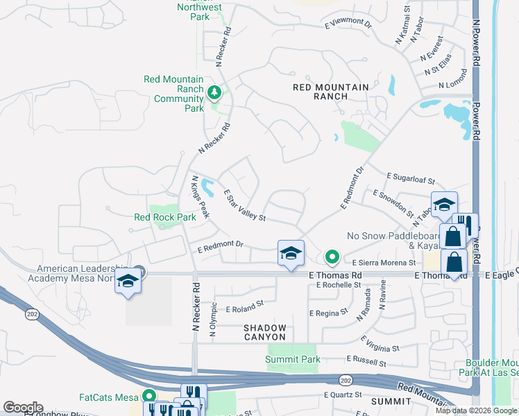 map of restaurants, bars, coffee shops, grocery stores, and more near 3905 North Sapphire in Mesa