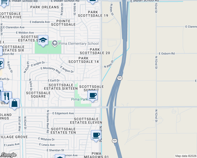 map of restaurants, bars, coffee shops, grocery stores, and more near 8744 East Cheery Lynn Road in Scottsdale