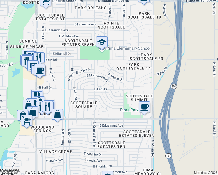 map of restaurants, bars, coffee shops, grocery stores, and more near 3129 North 85th Street in Scottsdale