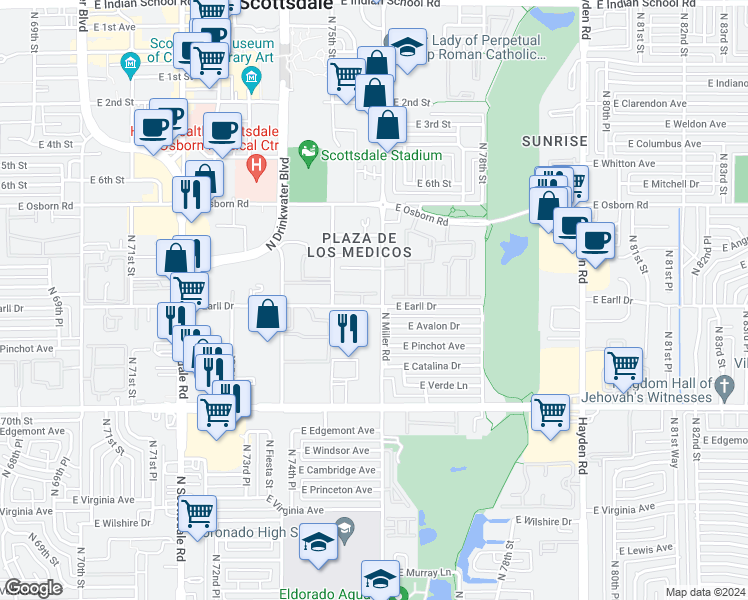map of restaurants, bars, coffee shops, grocery stores, and more near 7530 East Earll Drive in Scottsdale