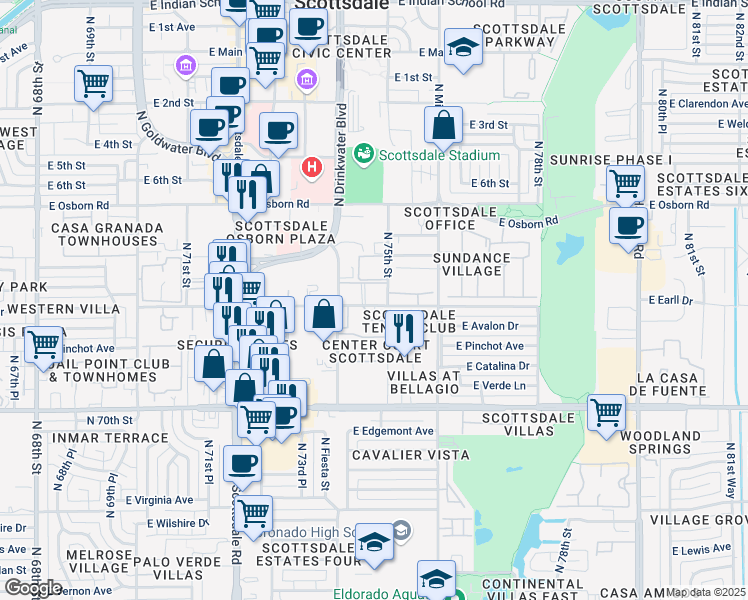 map of restaurants, bars, coffee shops, grocery stores, and more near 7474 East Earll Drive in Scottsdale