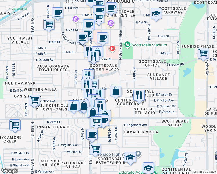 map of restaurants, bars, coffee shops, grocery stores, and more near 7302 East Earll Drive in Scottsdale