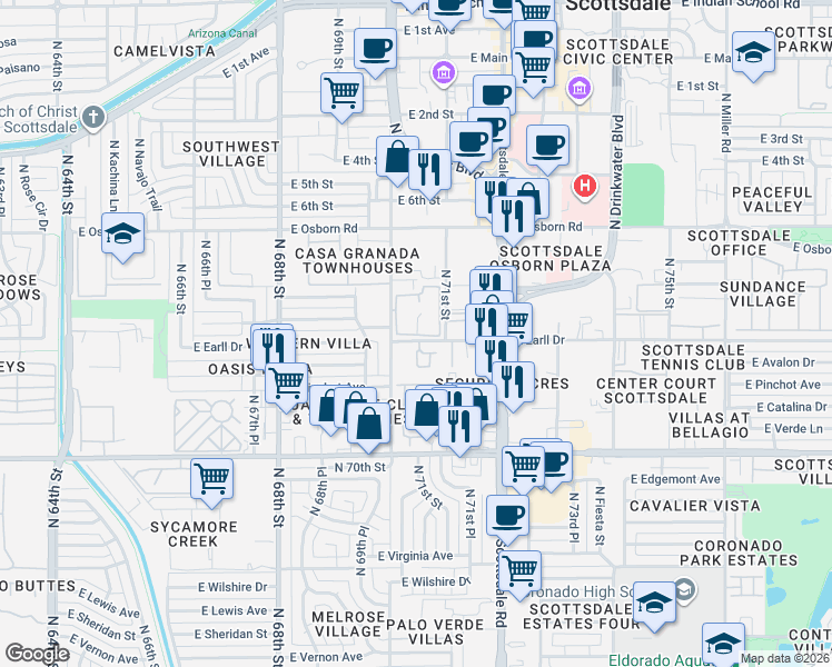 map of restaurants, bars, coffee shops, grocery stores, and more near 3141 North 70th Street in Scottsdale