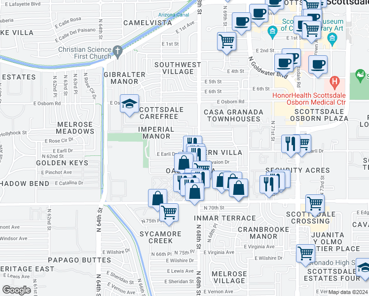 map of restaurants, bars, coffee shops, grocery stores, and more near 3132 North 67th Place in Scottsdale