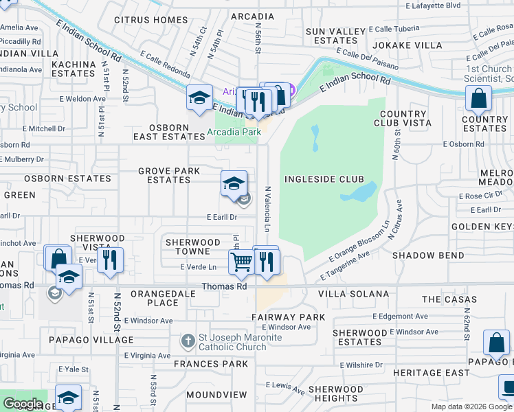 map of restaurants, bars, coffee shops, grocery stores, and more near 3102 North 56th Street in Phoenix