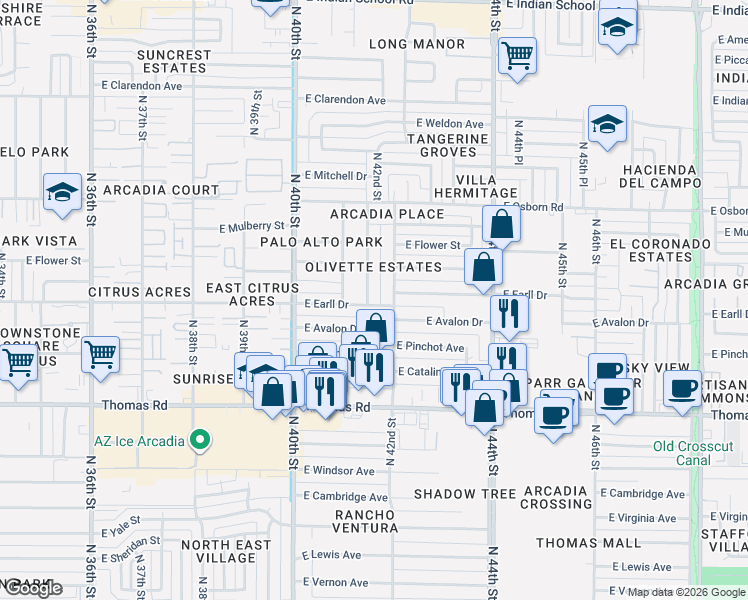 map of restaurants, bars, coffee shops, grocery stores, and more near 3106 North 42nd Street in Phoenix