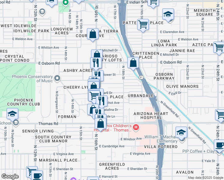map of restaurants, bars, coffee shops, grocery stores, and more near 1711 East Cheery Lynn Road in Phoenix